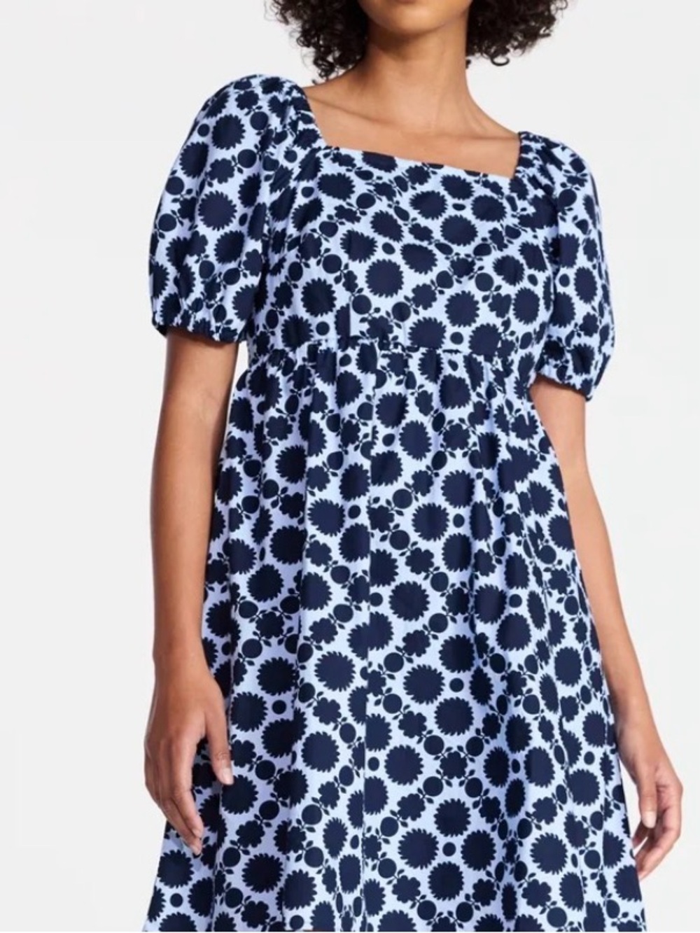 Square-Neck Puff Sleeve Blue Printed Midi Dress